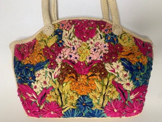 Vintage 1960s Colorful Floral Raffia Straw Handba… - image 2