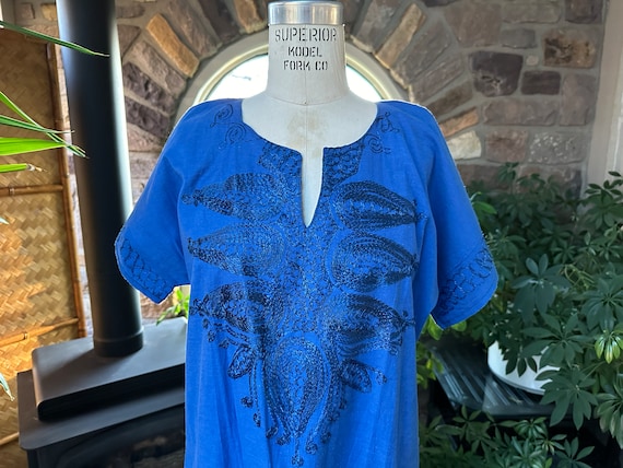 Vintage Blue Cotton Embroidered Paisley MuuMuu Dr… - image 2