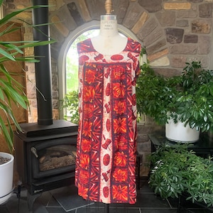 Vintage 1960s Red Orange Tiki Hawaiian Dress Ui-Maikai Hawaii, Vintage Cotton Hawaiian Dress, Hawaiian Summer Dress