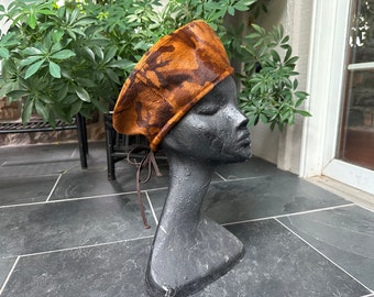 Vintage Rust and Brown Camo Looking Pony Hair Cowhide Beret