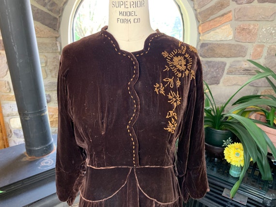 Antique 1930s Brown Silk Velvet Dress Caramel Gla… - image 2