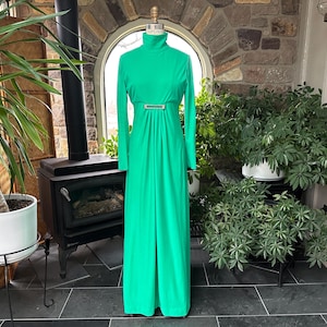Vintage 1970s Green Knit and Rhinestone Mother of the  Bride Maxi Dress, Vintage Seventies Knit Joan Leslie Kasper Formal Bridesmaid Dress