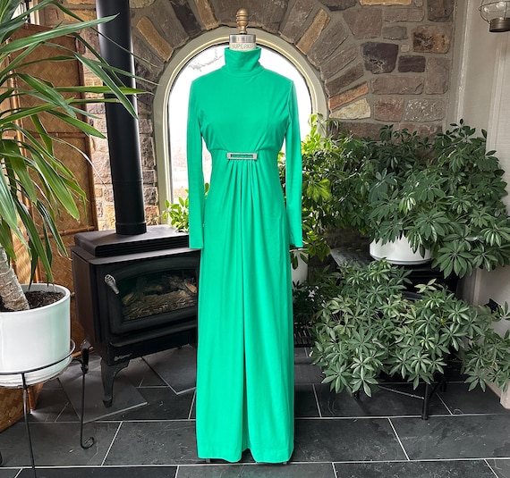 Vintage 1970s Green Knit and Rhinestone Mother of the Bride Maxi Dress Joan Leslie Kasper Vintage 1970s Green Knit and Rhinestone Mother of the Bride Maxi Dress Joan Leslie Kasper