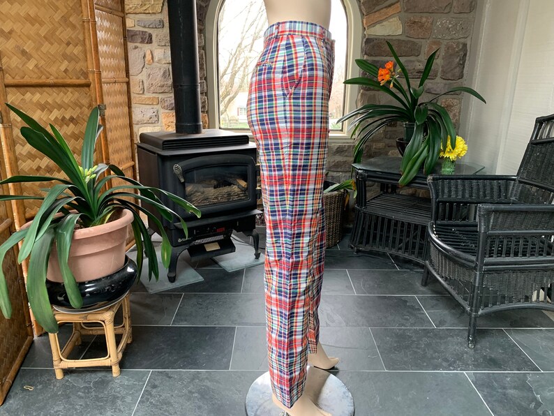 1970s Women/'s Vintage Navy and Red Plaid Madras Cotton Pants Made in USA by American Craftsmen