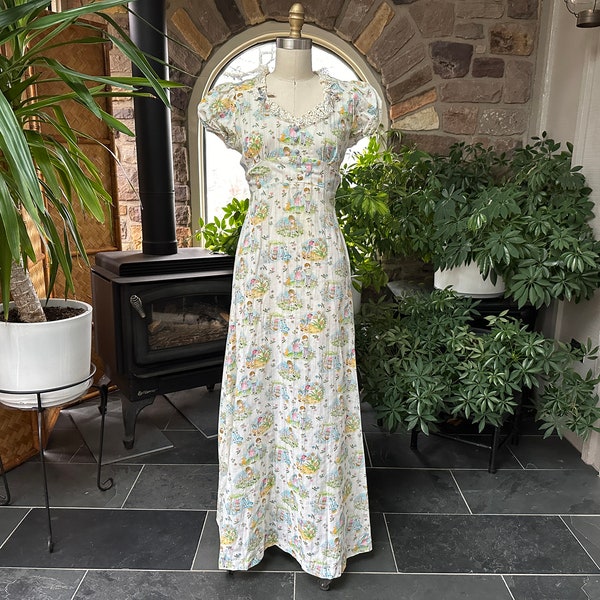 Vintage 1970s Novelty Print ( Children and Flowers) and Lace Maxi Dress Union Label, Vintage Seventies Empire Waist Maxi Dress