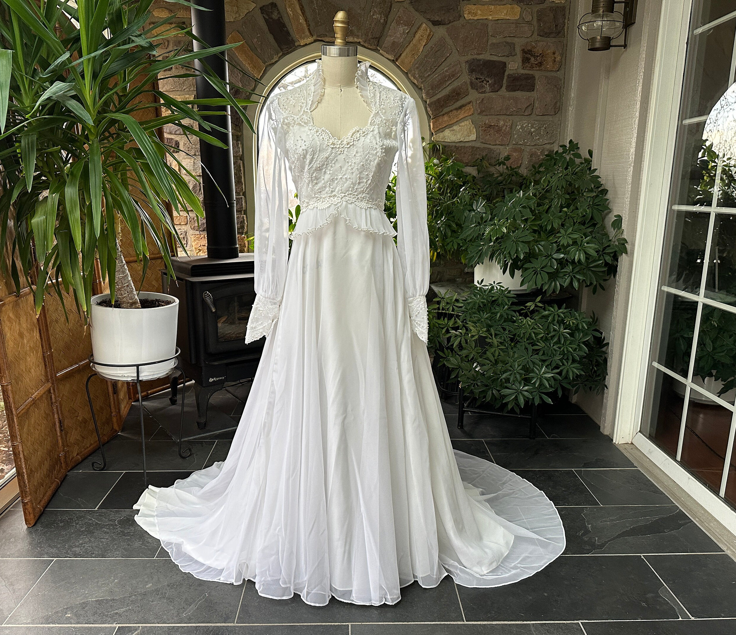 Vintage 1970s Wedding Dress White Chiffon and Lace and Crystal - Main Image