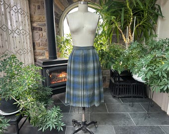 Gonna plissettata in lana scozzese blu e grigia vintage anni '50 Union Label