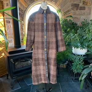 Vintage 1970s Donegal Wool Tweed Brown Plaid and Faux Leather Plaid Coat Made in Ireland image 1
