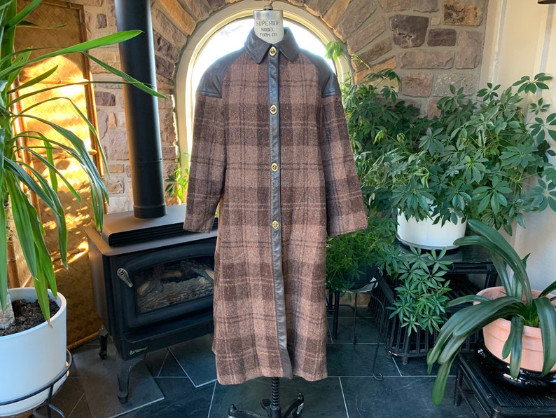 Vintage 1970s Donegal Wool Tweed Brown Plaid and Faux Leather Plaid Coat Made in Ireland image 1