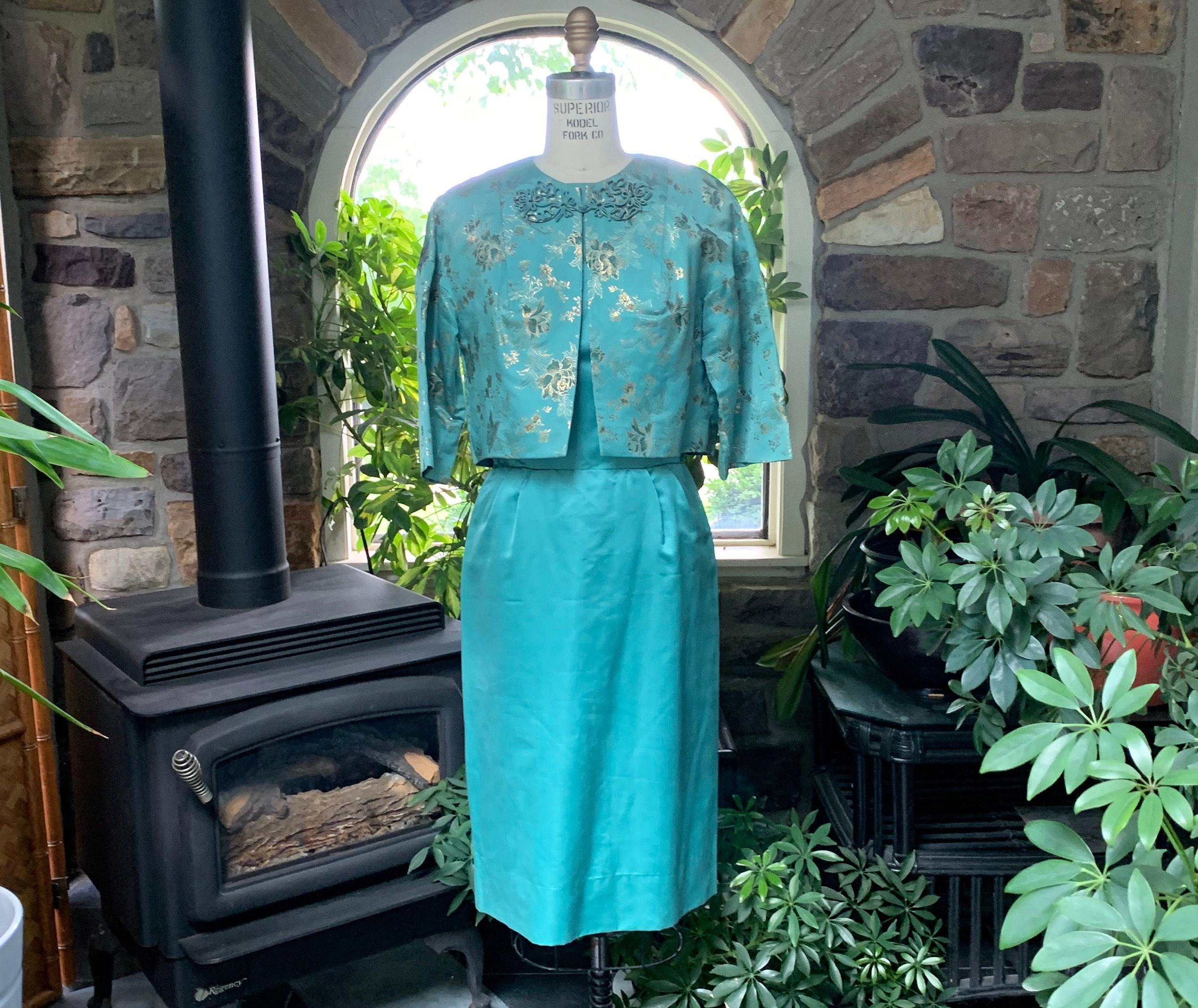 Vintage 1950s Turquoise Silk Satin Dress Turquoise and