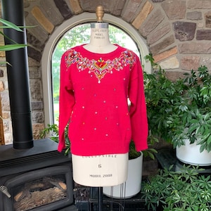 Vintage 1980s Deep Pink Bedazzled Sweater with Colorful Gem Toned Faceted Beads and Metallic Stitching, Vintage Flashy Eighties Sweater