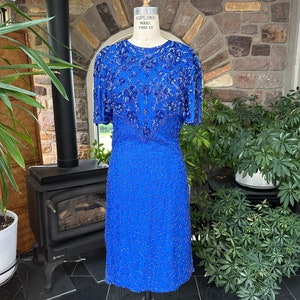 Vintage 1980s Royal Blue Bead and Sequin Evening Dress Silky Nites By Cherish, Vintage Formal Dress, Vintage Beaded Dress, Eighties Dress