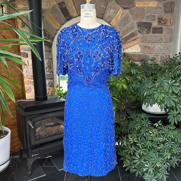 XS 1980s Sequin Formal Gown with Feather Trim