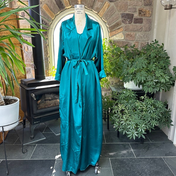 Vintage 1980s Teal Blue Satin Polyester Spaghetti Strap Nightgown and Robe Set Lady Cameo Dallas, Vintage Eighties Silky Nightgown