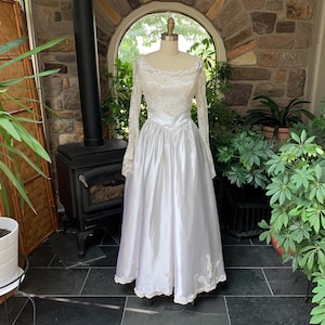 Vintage 1970s White Satin and Lace Wedding Dress with Long Irish Tambour Lace Sleeves