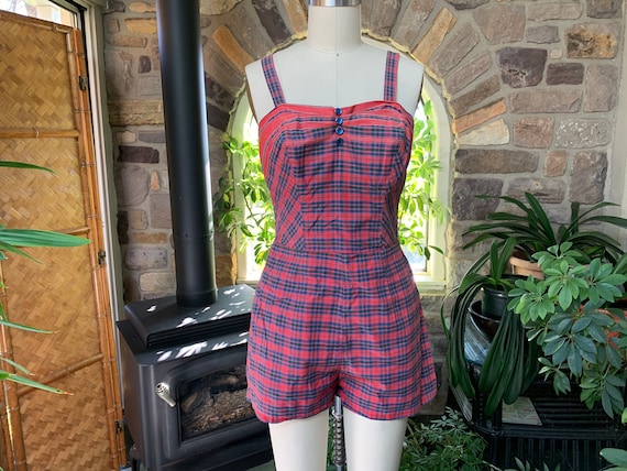 Vintage 1940s Cotton Red and Blue Plaid Butcher B… - image 2