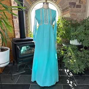 Vintage 1960s Light Blue Flowing Chiffon Embroidered Trim Bridesmaid Dress Brides World Designer Collection, Sixties Prom Full Length Dress