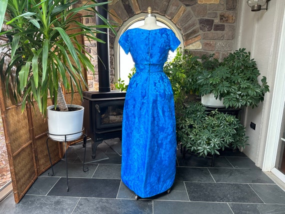 Vintage 1950s Royal Blue Satin Brocade Evening Dr… - image 6