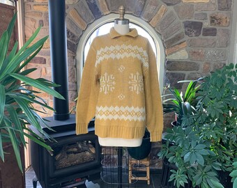 Suéter de esquí vintage de lana de los años 70 con estampado de mostaza dorada y blanca, género neutro