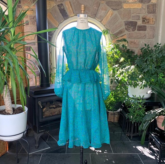 Vintage 1970s Blue Floral Watercolor Print Chiffon Dress with Flounce Jeri Modes for Lord and Taylor