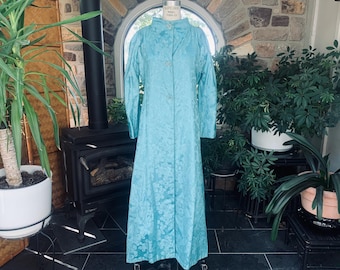 Vintage 1960s Turquoise and Silver Floral Satin and Metallic Brocade Formal Asian Inspired Evening Coat