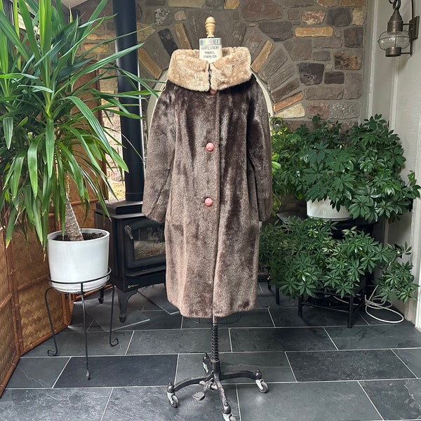 Vintage 1960s Faux Fur Brown Mink Coat with Tan Collar Fashioned in Tudor City, Vegan Friendly Faux Fur Knee Length Coat