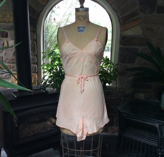 Antique 1920s Peach Silk Embroidered Teddy, Vintag
