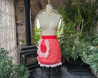 Vintage 1960s Sheer Red Dotted Swiss and White Lace Cocktail Apron, Vintage Kitchen Cooking, Vintage Housewife