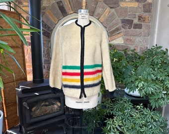 Vintage 1960s Ivory Striped Hudson Bay Wool Jacket Made in Canada Zipper Front, Hudson Bay Wool Blanket Jacket