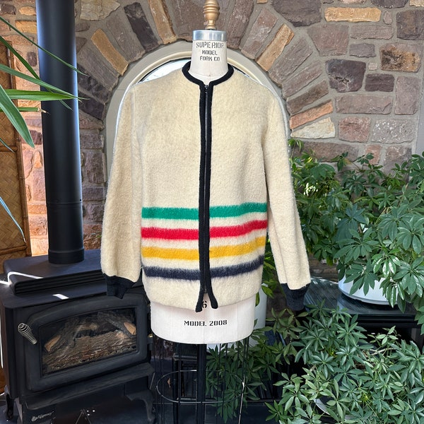 Vintage 1960s Ivory Striped Hudson Bay Wool Jacket Made in Canada Zipper Front, Hudson Bay Wool Blanket Jacket