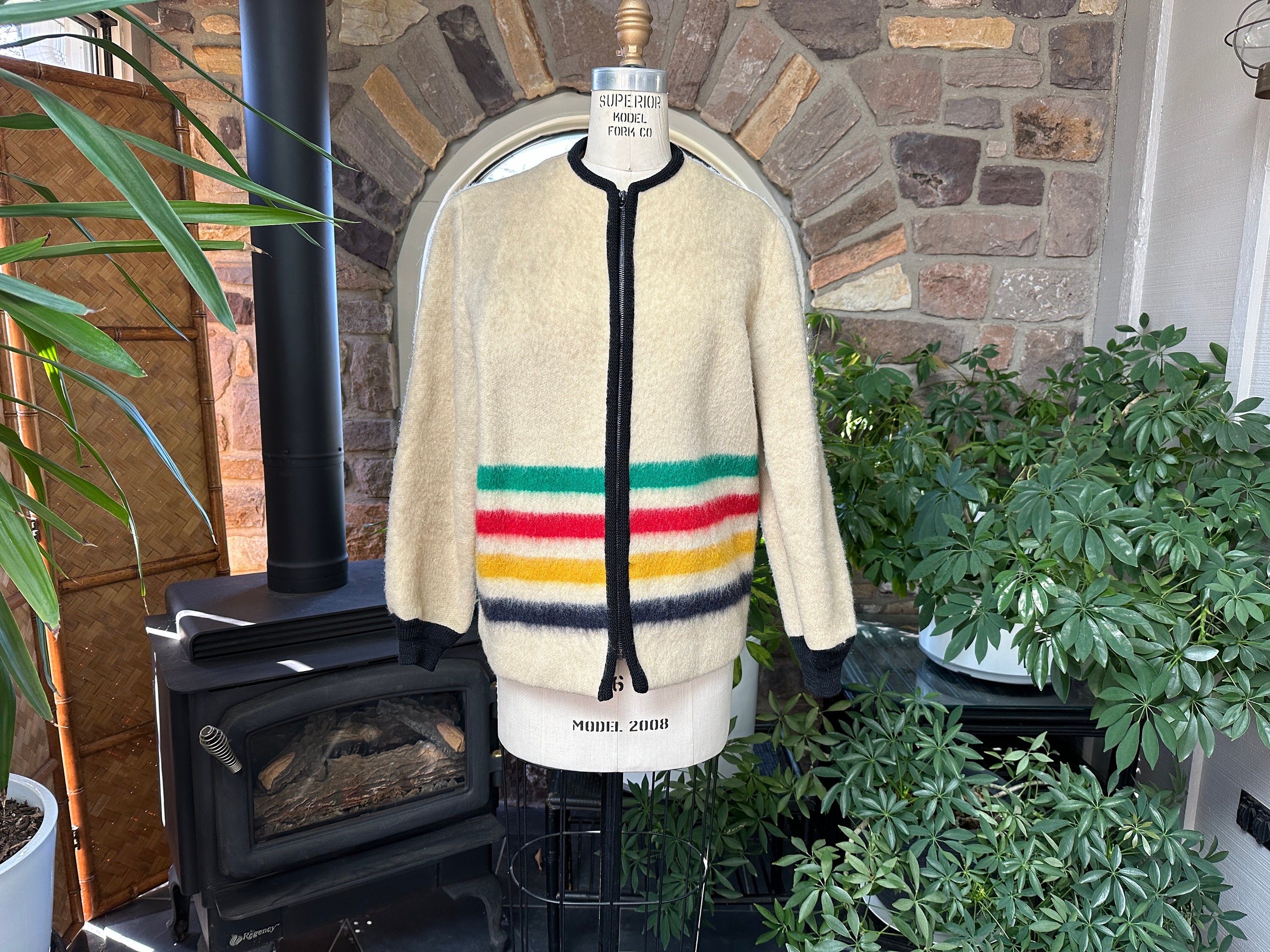Vintage 1960s Ivory Striped Hudson Bay Wool Jacket Made in Canada Zipper Front Hudson Bay Wool Blanket Jacket
