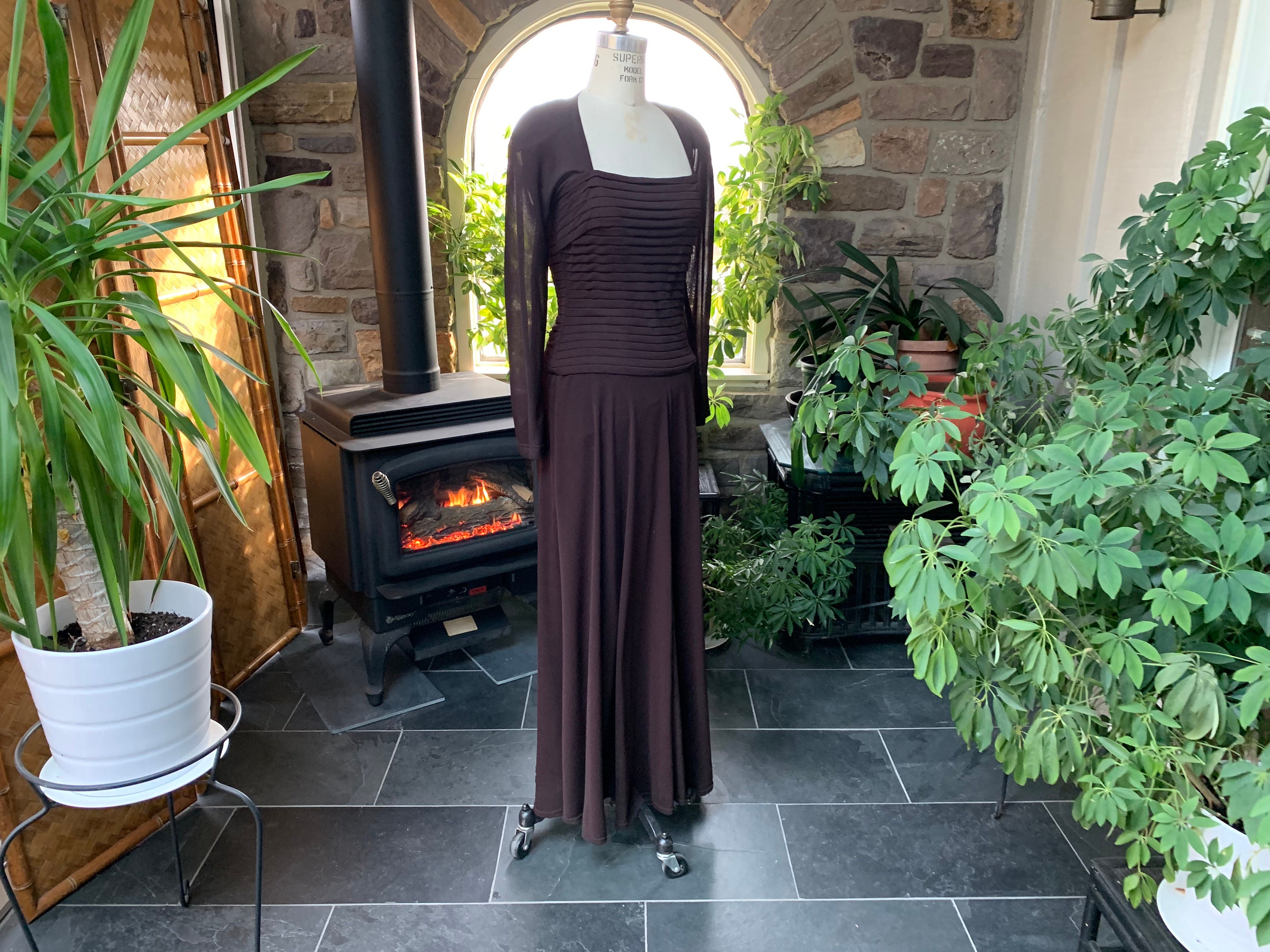 Vintage Tadashi Brown Formal Long Sleeve Knit Maxi Dress