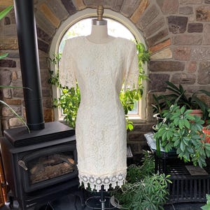 Vintage 1980s Ivory Lace Knee Length Dress Shoulder Pads Karen Lucas for Niki, Vintage Eighties Lace Dress, Vintage Bridal Clothing