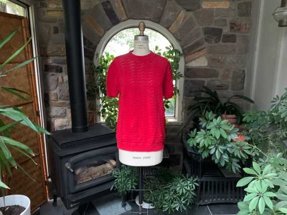 Vintage 1970s Red Cotton Short Sleeve Pullover Sw… - image 1
