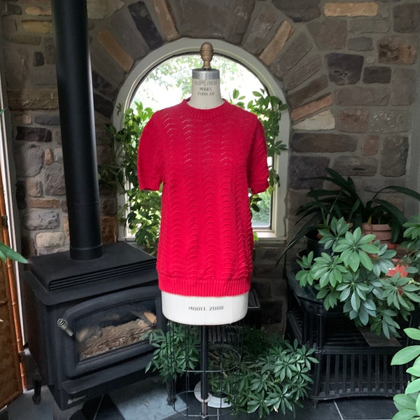 Vintage 1970s Red Cotton Short Sleeve Pullover Sweater Glamour-Knit, Vintage Red Cotton Open Weave Sweater