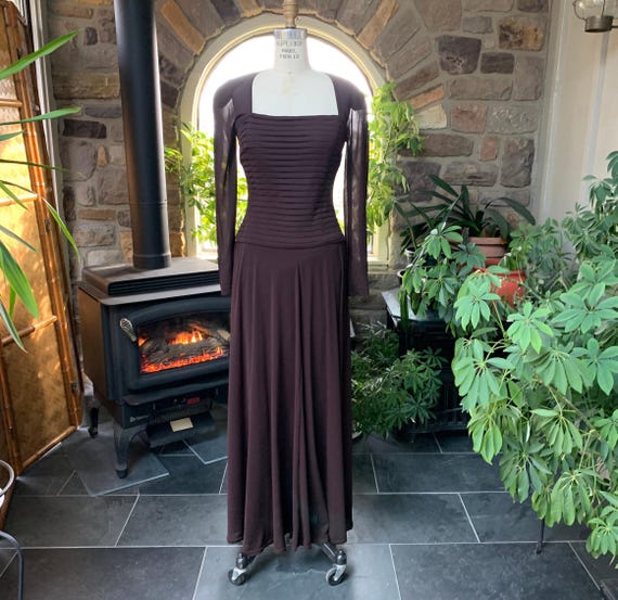 tadashi brown dress Vintage Tadashi Brown Formal Long Sleeve Knit Maxi Dress