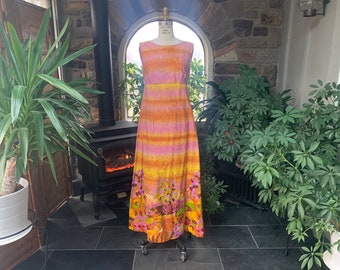 Vintage 1960s Hawaiian Karen Ann Cotton Floral Dress, Vintage Cotton Sixties Orange Pink Yellow Maxi Dress, 1960s Summer Beach Luau  Dress