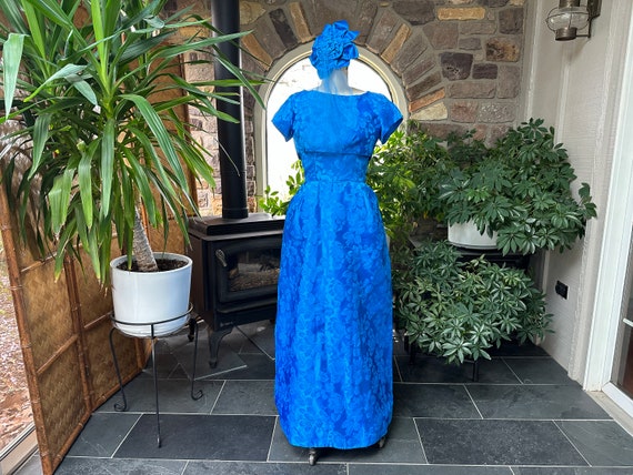 Vintage 1950s Royal Blue Satin Brocade Evening Dr… - image 1