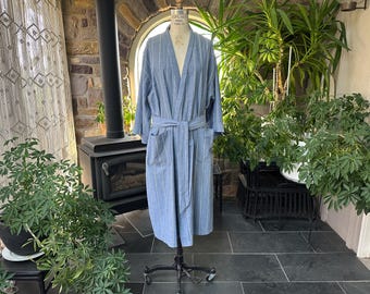 Vintage 1990s Mens Christian Dior Monsieur Blue and White Striped Cotton Robe
