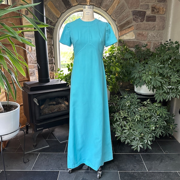 Vintage 1970s Light Blue Maxi Dress Handmade, Vintage Seventies Prom Dress