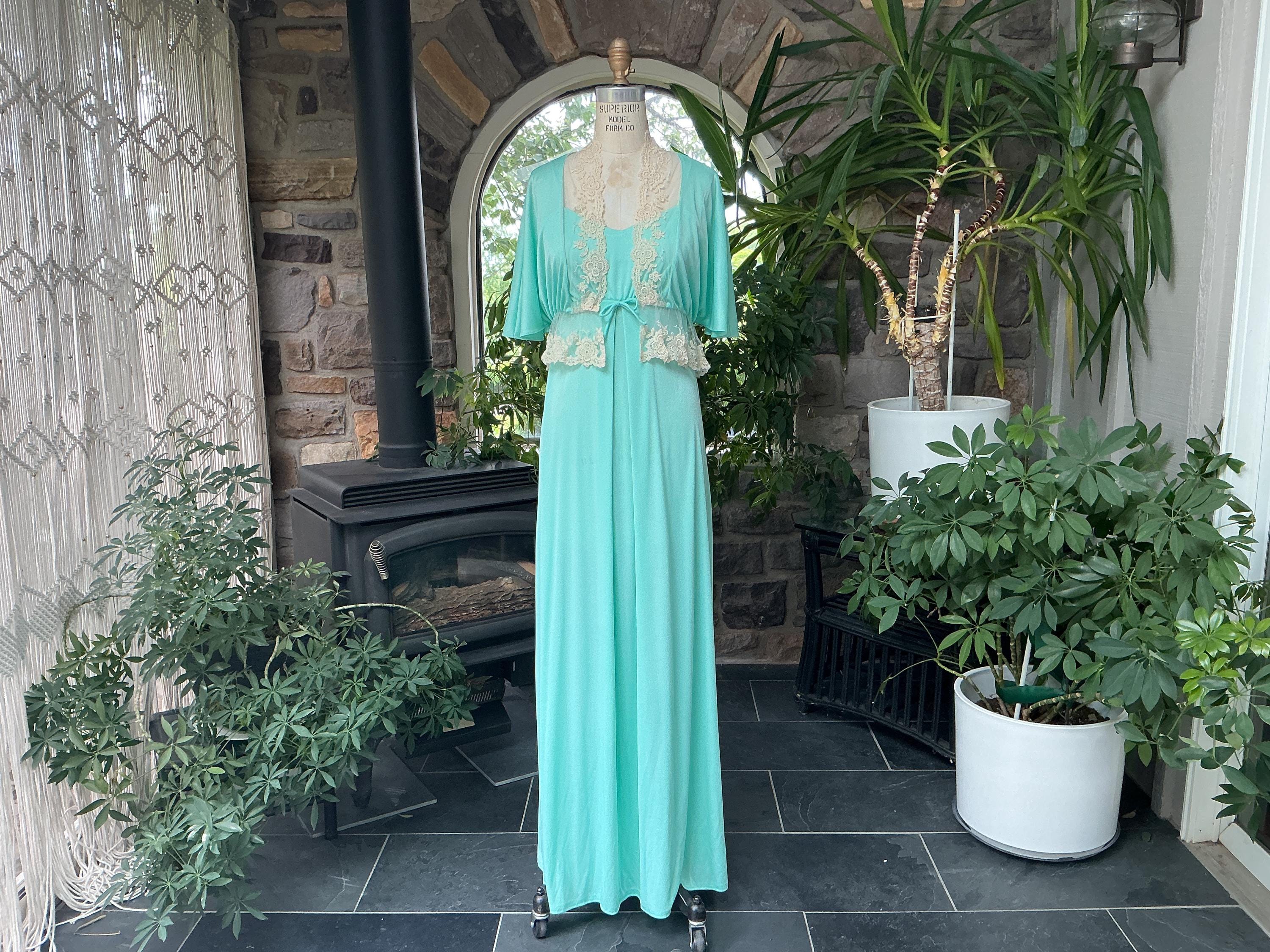 vintage knit maxi dress 1970s Mint Green with Lace Trim Jacket darkturquoise