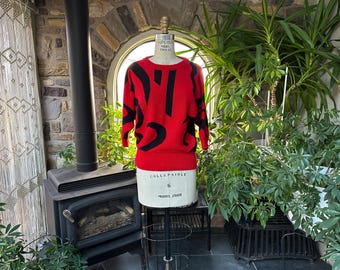 Vintage 1980s Red and Black Ramie Cotton Dolman Sleeve Sweater Rediffusion