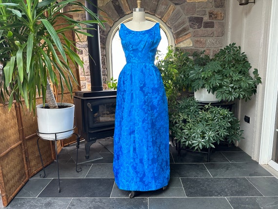 Vintage 1950s Royal Blue Satin Brocade Evening Dr… - image 3