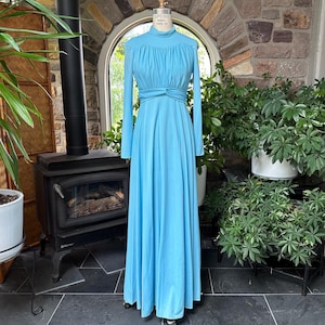 Vintage 1970s Light Blue Knit Evening Dress, Vintage Blue Long Sleeve Bridesmaid Dress