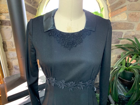 Vintage 1970s Black Wool Dress Lace and Satin Tri… - image 2