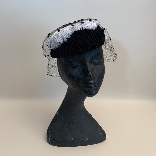 Vintage 1950s Black Velvet with Black and White Feathers Pillbox Hat with Chenille Ball Veil, Vintage Fifties Feather Hat