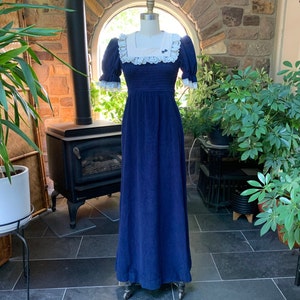 Vintage 1970s Navy Blue Velour Ivory Lace Maxi Dress, Seventies Puffy Short Sleeve Maxi Dress, Seventies Back Tie Full Length Dress