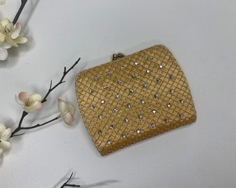 Vintage 1960s Gold Satin Fishnet and Rhinestone Clutch Wallet Bond Street Ltd, Gold Mesh Bridal Wallet