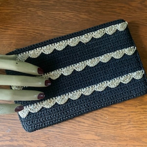Vintage 1940s Black and Metallic Gold Cord Crocheted Clutch Handbag Zipper Top, Vintage Cord Purse Pocketbook Handbag