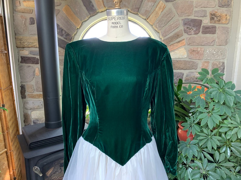 Vintage 1980s Dark Green Velvet White Tulle Formal Dress Open Back Rhinestone Clasp Vintage Eighties Union Label Forest Green Velvet Gown